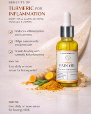 Turmeric pain oil bottle with benefits listed on a light background