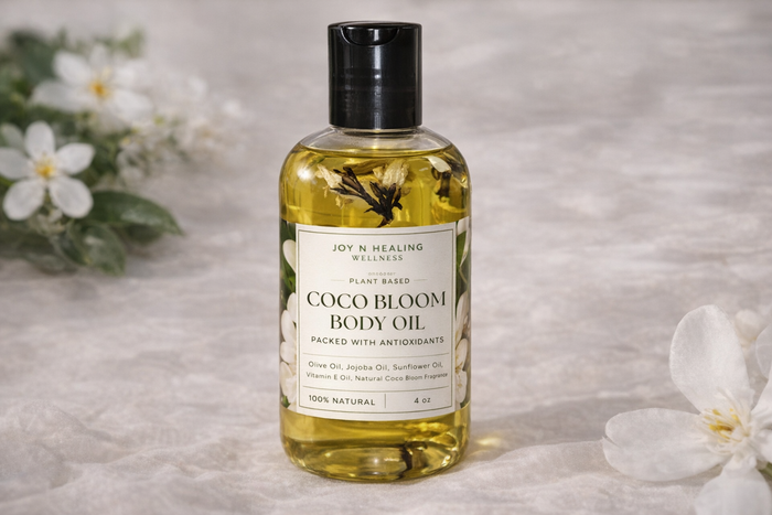Bottle of Coco Bloom Body Oil with a label on a textured surface with flowers.