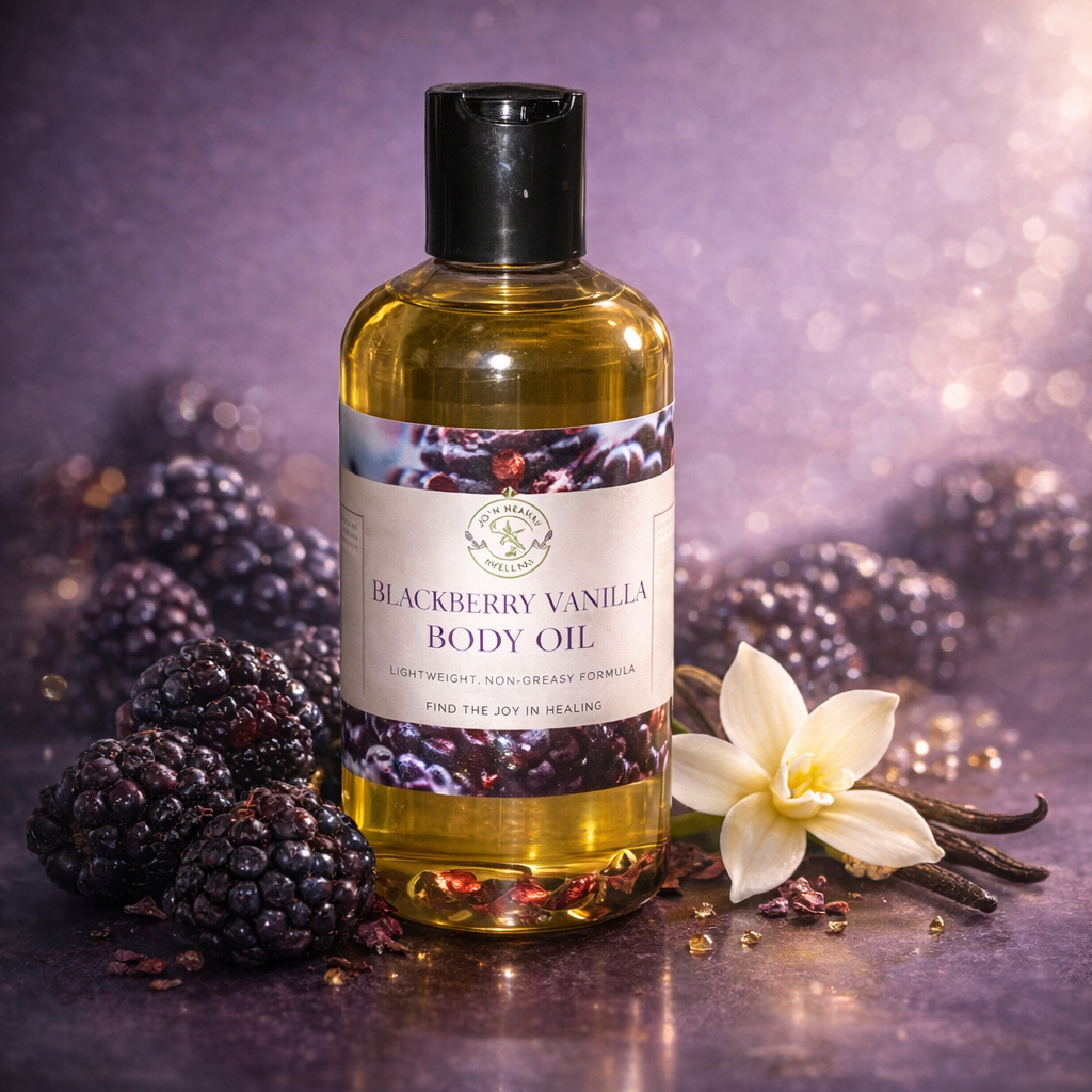 Blackberry Vanilla Body Oil bottle with blackberries and vanilla flower on a purple background