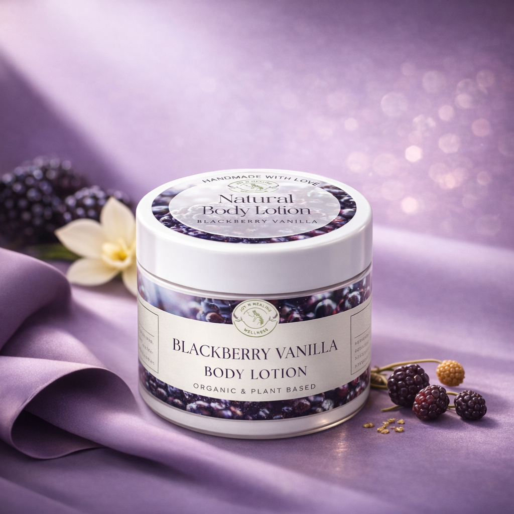 Jar of blackberry vanilla body lotion on a purple fabric background