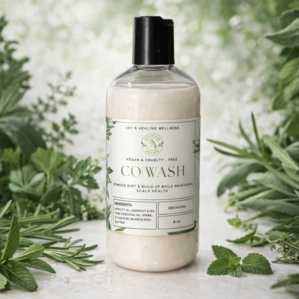 Bottle of Co Wash with greenery in the background