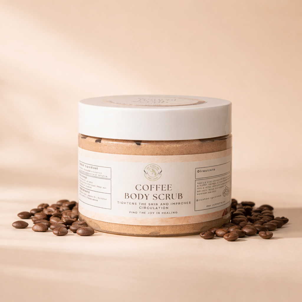 Jar of coffee body scrub with coffee beans on a beige background