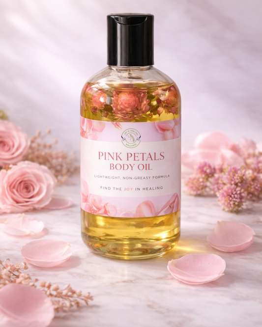 Pink Petals body oil bottle with floral design on a light background