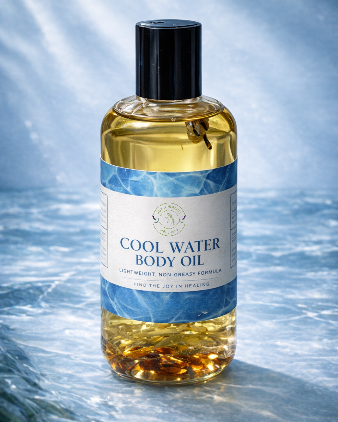 Bottle of 'Cool Water Body Oil' with a label on a water-themed background