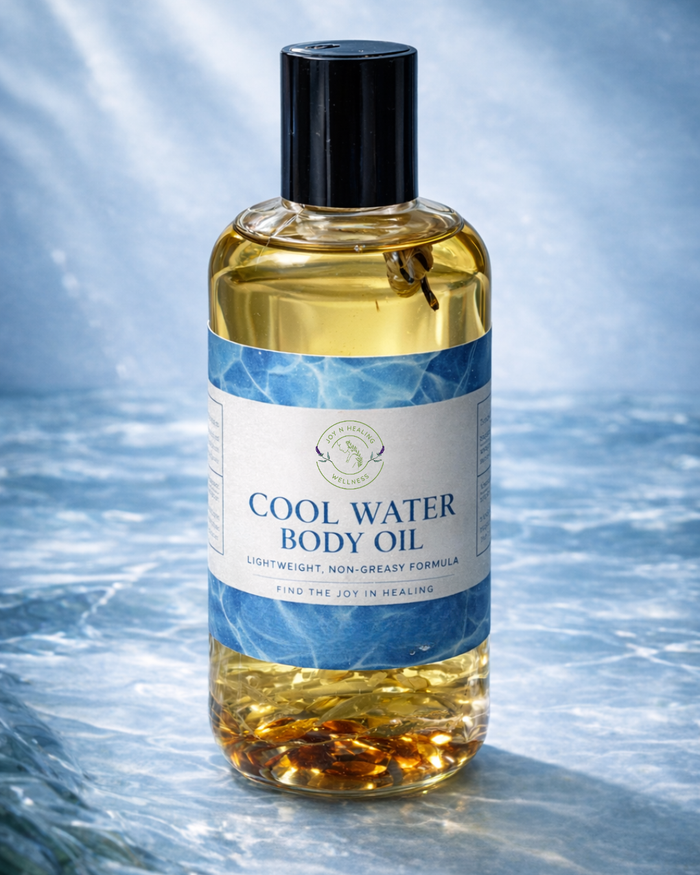 Bottle of 'Cool Water Body Oil' with a label on a water-themed background