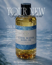 Bottle of Cool Water body oil with ocean background