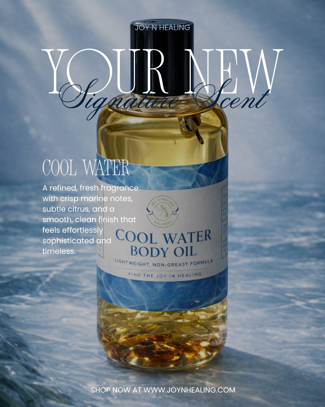 Bottle of Cool Water body oil with ocean background