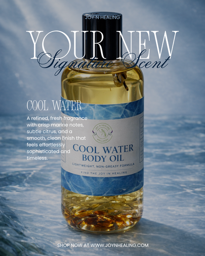 Bottle of Cool Water body oil with ocean background