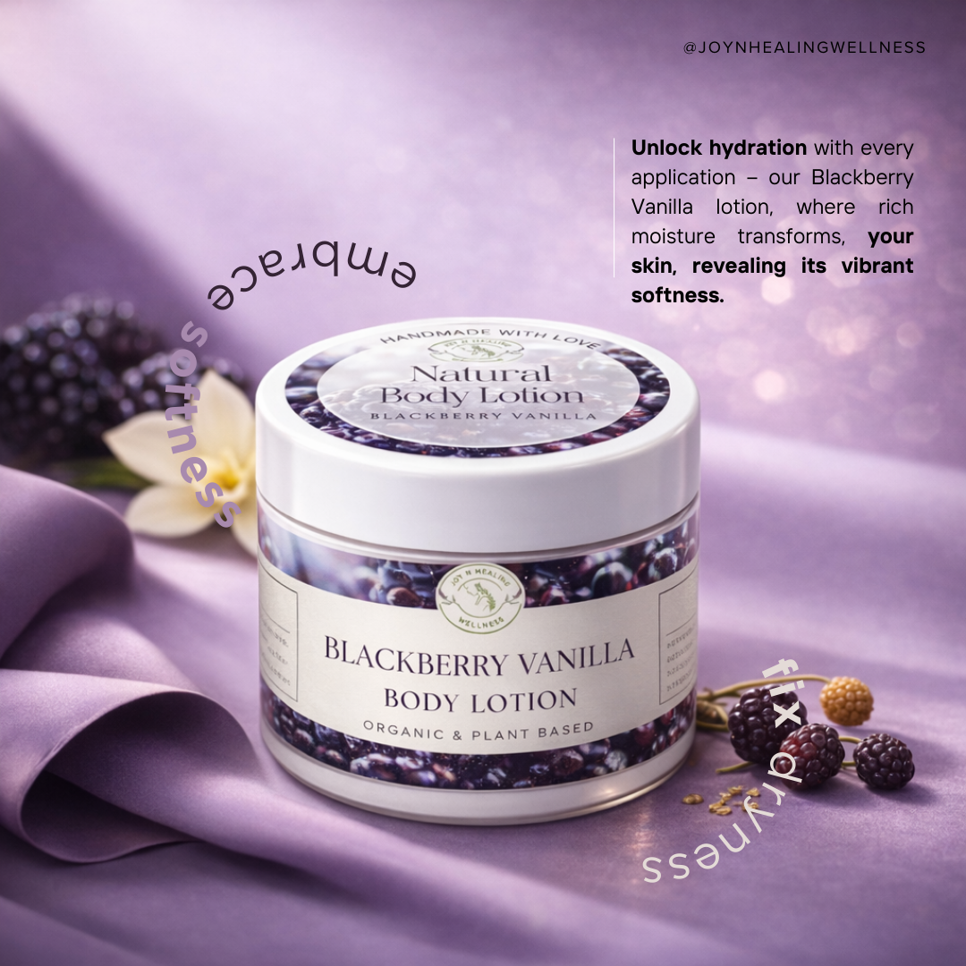 Blackberry Vanilla body lotion jar on a purple fabric background with text about hydration.
